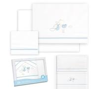 Interbaby - Juego Sabanas Minicuna 50x80 Algodon 100% | Sabanas Cuna Bebe | Incluye Sabana Bajera, Encimera y Funda de Almohada | Ideal para Primavera, Verano | Cigüeña Oso Blanco/Azul