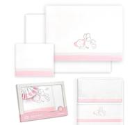 Interbaby - Juego Sabanas Minicuna 50x80 Algodon 100% | Sabanas Cuna Bebe | Incluye Sabana Bajera, Encimera y Funda de Almohada | Ideal Primavera, Verano | Pasacinta Oso Elefante Globos Blanco/Rosa