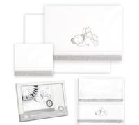 Interbaby - Juego Sabanas Minicuna 50x80 Algodon 100% | Sabanas Cuna Bebe | Incluye Sabana Bajera, Encimera y Funda de Almohada | Ideal Primavera, Verano | Pasacinta Oso Elefante Globos Blanco/Beige