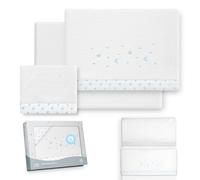 Interbaby - Juego Sabanas Minicuna 50x80 Poliester 100% | Sabana Cuna Bebe Coralina, Cálida | Incluye Sabana Bajera, Encimera y Funda de Almohada | Ideal para Invierno | Estrellas Luna Blanco/Azul