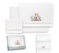 Interbaby - Juego Sabanas Minicuna 50x80 Poliester 100% | Sabana Cuna Bebe Coralina, Cálida | Incluye Sabana Bajera, Encimera y Funda de Almohada | Ideal para Invierno | Jirafa Elefante Blanco/Beige