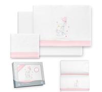 Interbaby - Juego Sabanas Minicuna 50x80 Poliester 100% | Sabana Cuna Bebe Coralina, Cálida | Incluye Sabana Bajera, Encimera y Funda de Almohada | Ideal Invierno | Elefante Globo Corazón Blanco/Rosa