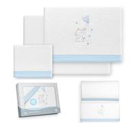 Interbaby - Juego Sabanas Minicuna 50x80 Poliester 100% | Sabana Cuna Bebe Coralina, Cálida | Incluye Sabana Bajera, Encimera y Funda de Almohada | Ideal Invierno | Elefante Globo Corazón Blanco/Azul
