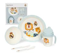 Interbaby - Set de Vajilla Infantil 5 Piezas Real Madrid Azul | Plato llano, Bol, Cubiertos y Vaso antigoteo | Apto para Lavavajillas | Apto para Microondas | Licencia Oficial | Libre de BPA
