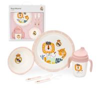 Interbaby - Set de Vajilla Infantil 5 Piezas Real Madrid Rosa | Plato llano, Bol, Cubiertos y Vaso antigoteo | Apto para Lavavajillas | Apto para Microondas | Licencia Oficial | Libre de BPA