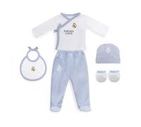 Set Regalo 5 Piezas del Real Madrid - Primera Puesta Bebé Recien Nacido - Compuesto por Gorro, Camisa, Polaina, Manopla y Babero. Edad 0-6 meses.