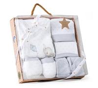 Interbaby Set Regalo Bebé 5 Piezas, modelo Elefantito, gris | 5 Piezas Canastilla Cesta Bebe Niño/a con Camisa Polaina Gorro Babero y Manoplas Kit Completo para Baby Shower Bautizo