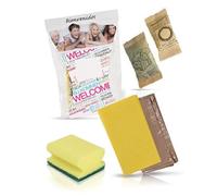 INTERCABO Kit de Limpieza Cocina para Apartamentos Turísticos - 50 Unidades con Bayeta Amarilla, Esponja Salvauñas, Lavavajillas 15ml, Detergente 15ml y Bolsa de Basura - Amenities de Bienvenida