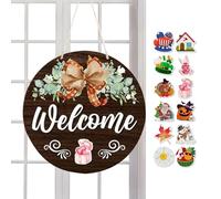 Interchangeable Welcome Sign Door Hanger | Round Rustic Wooden Wreath Alternative | 12 Seasonal Accessories Included | Farmhouse Wall Decor For Valentine Spring Summer Fall
