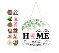 Interchangeable Welcome Sign Door Hanger | Round Rustic Wooden Wreath Alternative | 12 Seasonal Accessories Included | Farmhouse Wall Decor For Valentine Spring Summer Fall