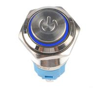 Interruptor de botón pulsador de 16 mm con carcasa de metal, símbolo de alimentación, LED, 36 V, cierre automático, IP66, diseño a prueba de vandalismo (azul)