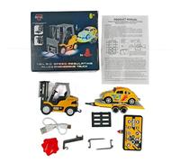 Interruptor de carretilla elevadora/grúa de ingeniería de control remoto 1:64 + remolque + tarjeta de bloqueos de carretera - Coche RC de 2.4 G con sonido y luz de ajuste de tres velocidades (amarillo