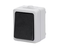 Interruptor de montaje en superficie de 1 tecla, 2 vías, color gris; ideal para controlar la iluminación en espacios interiores.