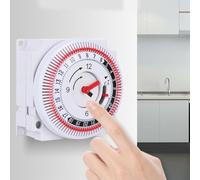 Interruptor de temporizador mecánico de 24 horas para sistemas de calefacción central con programación diaria de 48 segmentos, perilla de anulación manual e indicador de carga, color blanco