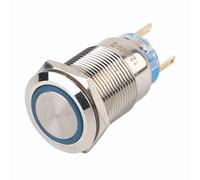 Interruptor Pulsador Estanco de Acero Inoxidable 19mm, 12-24V, Tipo Autobloqueo - Resistente al Agua IP65, Terminales de Cobre, Ideal para Uso Exterior y Paneles de Control (azul)