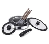 INTIGNIS® Juego de utensilios de cocina de acero inoxidable de 8 piezas, sartén de 28 cm de profundidad (4,5 L) + cacerola de 20 cm (2 L) con tapas de vidrio, mango extraíble único, cerámica GREBLON®