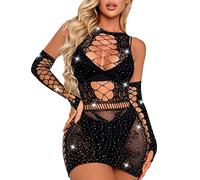 Intima Sexy Mujer Conjuntos Lenceria Rojo Sexy Fishnet Girls Dress Womens Interior Vestido Pure Color Mesh Bikini Interior Guantes Femenina Disfraz (Black, One Size)