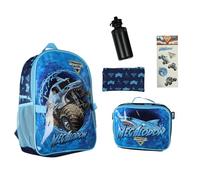 INTIMO Monster Jam Megalodon - Juego de mochila de 5 piezas con lonchera desmontable, botella de agua, estuche y calcomanías