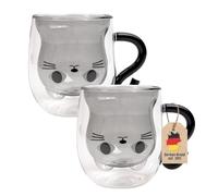 INTIRILIFE 2x termo de vidrio de doble pared con diseño de gato en negro - 200ml de capacidad - taza de vidrio aislante resistente al calor para bebidas frías y calientes taza de café taza de té