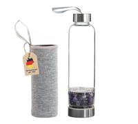 INTIRILIFE Botella de agua con piedras curativas y funda Gris - Amatista - Capacidad de 400 ml - Botella con piedras preciosas, minerales