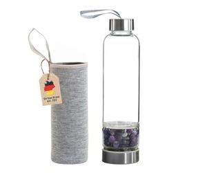 INTIRILIFE Botella de agua con piedras curativas y funda Gris - Amatista - Capacidad de 400 ml - Botella con piedras preciosas, minerales