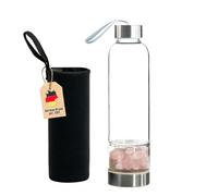 INTIRILIFE Botella de agua con piedras curativas y funda Negra - Cuarzo Rosa - Capacidad de 400 ml - Botella con piedras preciosas, minerales