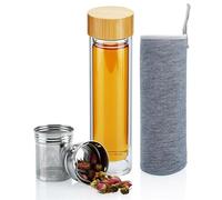 INTIRILIFE Botella de té de vidrio colador de acero inoxidable- Botella termo de doble pared de 400 ml de vidrio de borosilicato con funda- Botella para llevar para beber té, tapa de bambú