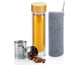 INTIRILIFE Botella de té de vidrio colador de acero inoxidable- Botella termo de doble pared de 400 ml de vidrio de borosilicato con funda- Botella para llevar para beber té, tapa de bambú