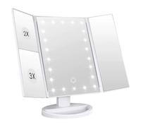 Intirilife Espejo de maquillaje con 22 luces LED y cable USB para cargar en color blanco, espejo de maquillaje de 3 lados, aumento 1X/2X/3X, espejo de maquillaje regulable, luz natural, espejo de mesa
