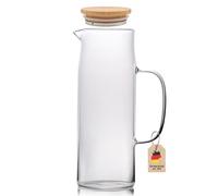 Intirilife Jarra 1,3l en CLARO - Jarra de vidrio resistente borosilicato con mango y bambú tapa de madera al calor para bebidas calientes y frías - Jarra de agua Jarra de té helado