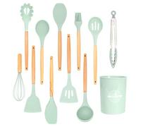Intirilife Juego de 12 utensilios de cocina de silicona Verde Menta - 12.5 x 32.5 cm - Cubiertos de cocina antiadherentes y resistentes al calor con cuchara, pinzas, batidor, espátula, pincel