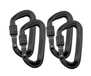 Intirilife Set de 4 mosquetones 12 kN 1200 kg Negro - 8.2 x 4.6 x 1.5cm - Mosquetón de Rosca en Forma de D, Cierre Giratorio, Gancho para hamacas, Camping, Senderismo, Correa de Perro, Llavero