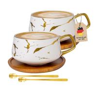 INTIRILIFE tazas juego de 2 - tazas de cerámica en diseño de mármol blanco con oro - 200 ml a 300 ml - tazas de café con posavasos de madera - tazas de té idea de regalo para el café té cacao leche