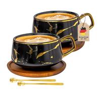 INTIRILIFE tazas juego de 2 - tazas de cerámica en diseño de mármol negro con oro - 200 ml a 300 ml - tazas de café con posavasos de madera - tazas de té idea de regalo para el café té cacao leche