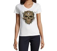 Intricate Skull Formed by Twisting Branches - Camiseta de algodón con cuello en V para mujer, color blanco, blanco, XXL