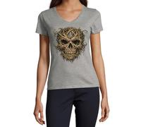 Intricate Skull Formed by Twisting Branches - Camiseta de algodón con cuello en V para mujer, color gris, gris, M
