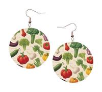 Introducción de varios aretes redondos estampados de verduras para mujer, 1 par de aretes perforados de cuero ligero, joyería de moda para mujeres y niñas, One Size, Poliéster