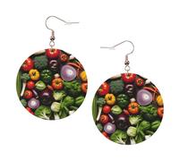 Introducción de varios aretes redondos estampados de verduras para mujer, 1 par de aretes perforados de cuero ligero, joyería de moda para mujeres y niñas, One Size, Poliéster