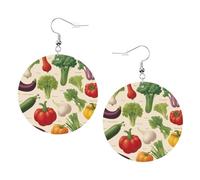 Introducción de varios aretes redondos estampados de verduras para mujer, 1 par de aretes perforados de cuero ligero, joyería de moda para mujeres y niñas, One Size, Poliéster