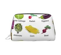 Introducción de varios cosméticos de piel con estampado de verduras, bolsa de maquillaje de cuero para bolso con cierre de cremallera superior, elegante bolsa de aseo, Silver, Talla única