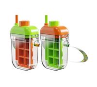 Introti Paquete de 2 bandejas de cubitos de hielo portátiles 2 en 1 sin contacto con pajita y cordón, botella portátil para hacer hielo, adecuada para café, zumo y bebidas