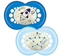 Intrucciones en lengua extranjera - MAM - Conjunto de 2 chupetes que brillan en la oscuridad, con esterilizable estuche de viaje, 12 meses, Azul (Azul)