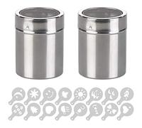 INTVN 2 PCS Tamiz Café con 32 Piezas Plantillas de Café,Coctelera de Chocolate en Polvo de Acero Inoxidable,Agitadores de Polvo con Tapa,Ideal para Decorar y Dibujar en tu Postre y Café