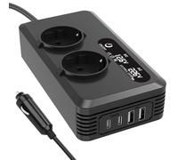 Inversor de corriente de 200 W para coche, convertidor 12 V a 220 V con 2 enchufes de carga 2 puertos USB y 2 Type-C, adaptador para encendedor de cigarrillos y tomacorriente de coche para móviles