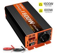 Inversor senoidal de 600W de potencia , 1600W de potencia , Inversor de 12V a 230V AC para coche, Adecuado para camiones pesados, RVs para exteriores, barcos, tractores y campers, Sin batería