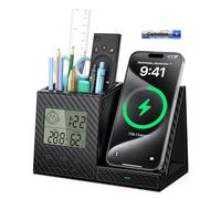 Investme Soporte para bolígrafos para escritorio, organizador de escritorio con cargador inalámbrico, termómetro digital integrado para interiores y monitor de humedad, organizador multifuncional para
