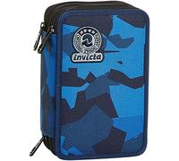 Invicta Estuche Escolar 3 Compartimientos - Camuflaje Squared, Azul - con Material Incluido: Lápices, Bolígrafos y Marcadores - Gran Capacidad para Niños, Niñas y Adolescentes
