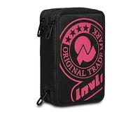 Invicta Estuche Escolar 3 Compartimientos - Logo GRS, Negro y Rosa - Estuche con Material Incluido: Lápices, Bolígrafos y Marcadores - Gran Capacidad para Niñas, Niños y Adolescentes
