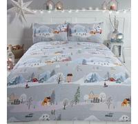 Invierno Ciudad Navidad Conjunto de Funda Nórdica Individual Nieve Árboles Casas