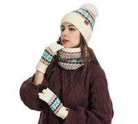 Invierno Nuevo Grueso y Cálido Sombrero de Impreso de Nieve para Mujer Guantes Bufanda para el Cuello Hermoso Sombrero para Mujer Bufanda para el Cuello Conjunto de Guantes (White, One Size)